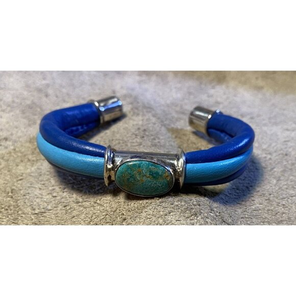 Two-Tone Blue Leather Wrap Bracelet Silverplated Fittings & Turquoise Cabochon S - Picture 7 of 10